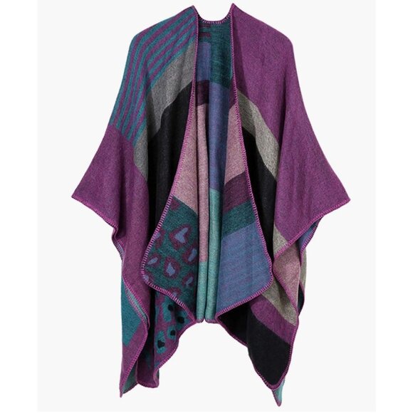 Purple Multicolor Colorblock Print Knit Poncho Shawl Cape Pashmina Wrap Sweater - Picture 3 of 4